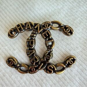 Vintage Chain-Link Double C Brooch | Paris Lettering | Distressed Gold Pin